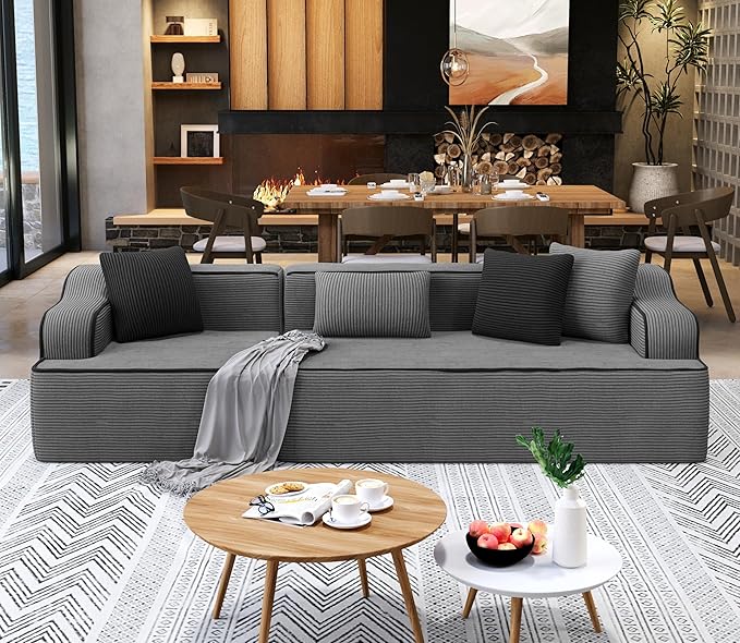 SUNSHINE VALLEY 3 Seat Boneless Sectional Couch in Box, 104'' Corduroy Modular Cloud Sofa for Living Room Bedroom, Modern Upholstered Couch with Deep Seat, No Assembly Required, Grey