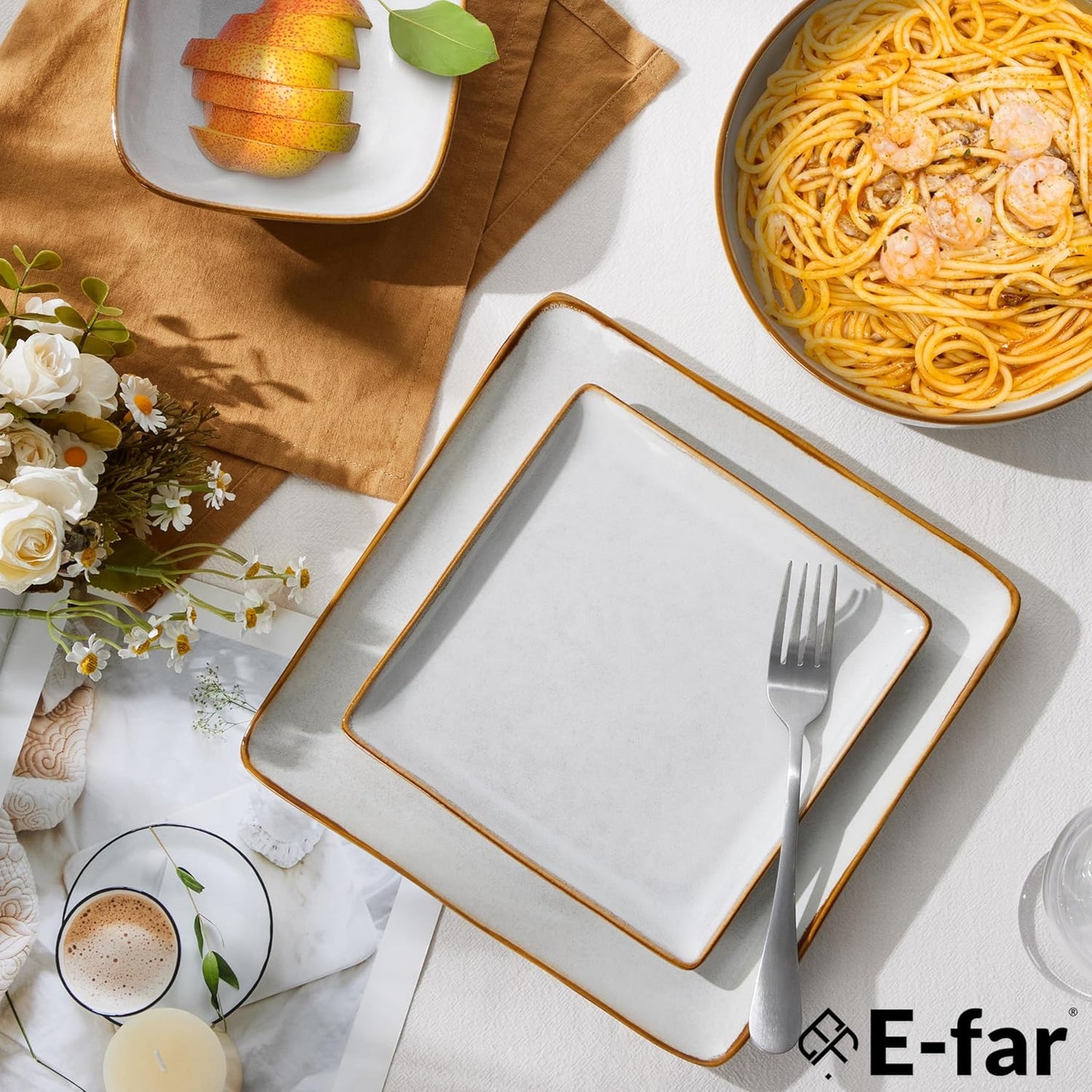 E-far Square Dinnerware Sets for 8, 24-Piece Stoneware Plates and Bowls Dishes Set, Reactive Glaze Porcelain Dishware Sets, Chip & Scratch Resistant, Microwave & Dishwasher Safe, Seashell White