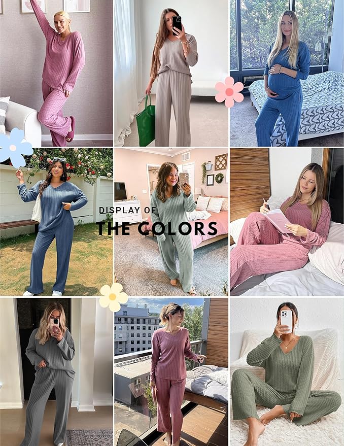 Ekouaer Lounge Sets for Women Long Sleeve Knit Ribbed Pajama Sets 2 Piece Casual Loungewear with Pockets