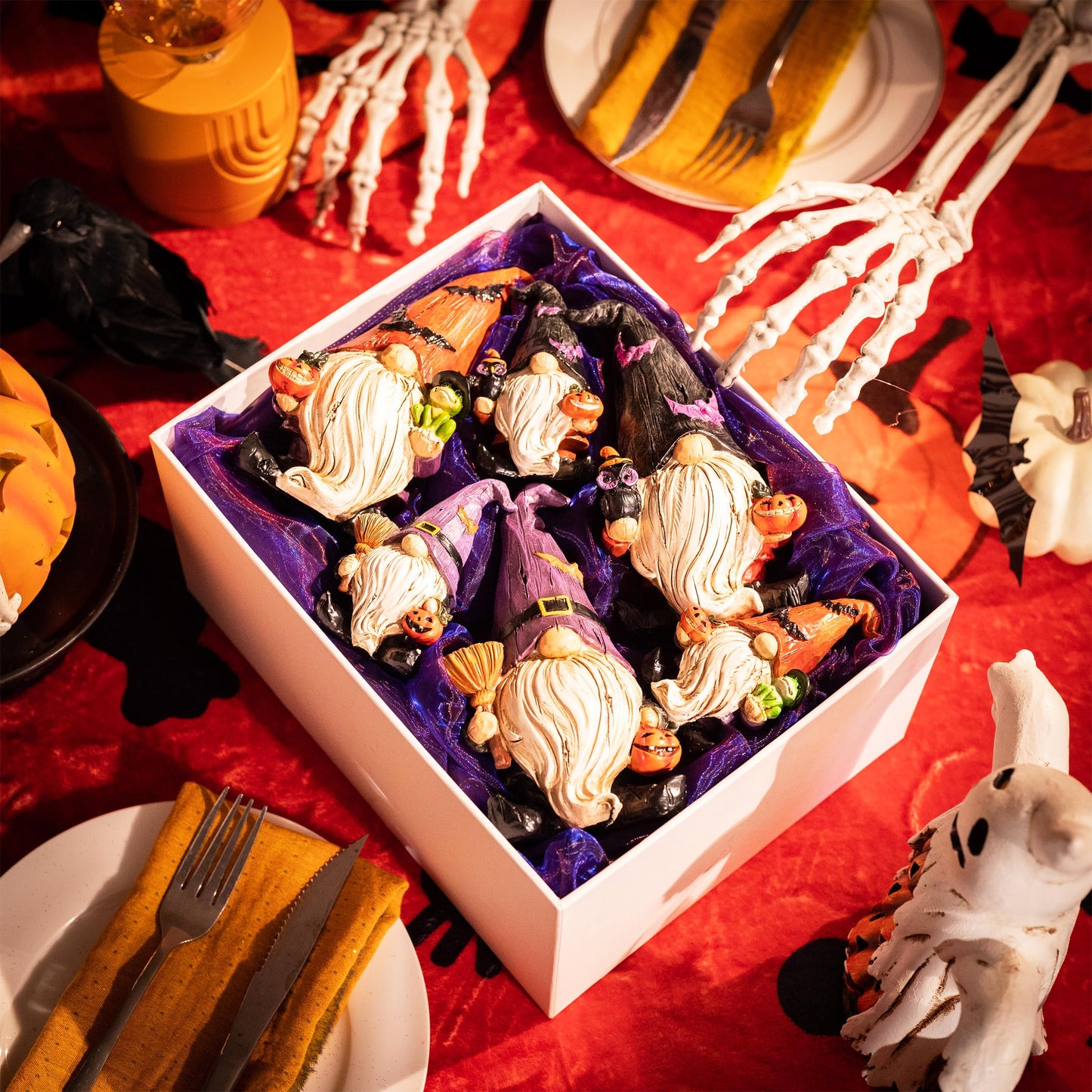 Valery Madelyn Halloween Decorations Indoor, 3 Pcs Resin Halloween Gnomes Decor for Home with Bat Witch Hat, Collectible Figurines Elf Dwarf Broom Jack O Lantern for Table Tiered Tray Outdoor, 3.6''