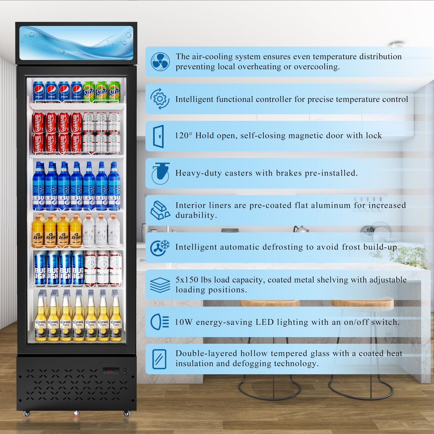 LCEKY Beverage Cooler Commercial Refrigerator 10 Cu.Ft. Glass Door Display Refrigerator with LED Light, 5 Shelves, Display Commercial Beverage Refrigeratorfor Restaurant Cafe Bar Store (10 Cu.Ft.)