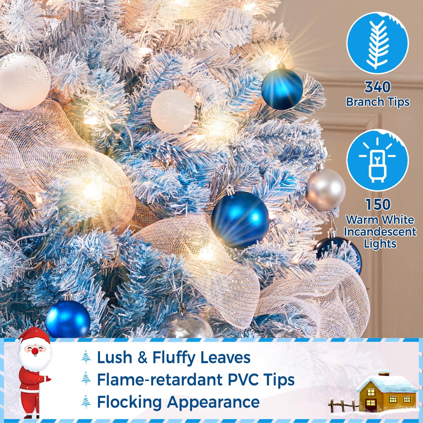 Yaheetech 4.5ft Pre-lit Artificial Christmas Tree W/Incandescent Warm White Lights, Flocked Full Prelighted Xmas Tree with 340 Branch Tips, 150 Incandescent Lights & Foldable Stand, Lake Blue Gradient