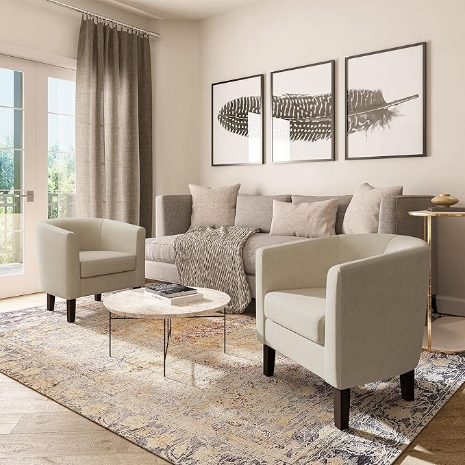 BELLEZE Accent Barrel Chair, Linen Round Club Tub Sofa Corner Chair with Flared Legs and Cozy Soft Padding for Living Room Bedroom Waiting Room - Beige