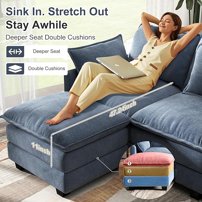 107" Cloud Couch Sectional, U Shaped Modular Sectional Sofa, 4-Seat Deep Seat Couch with 6 Removable Washable Pillows and 2 Ottoman for Living Room, Bedroom, Apartment, Blue