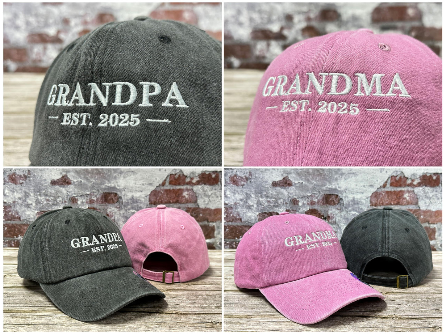 Hepandy Grandpa Grandma 2025 Hats, Birthday Gifts for for Men Women, Washed Black & Pink Embroidered Baseball Caps Dad Hat