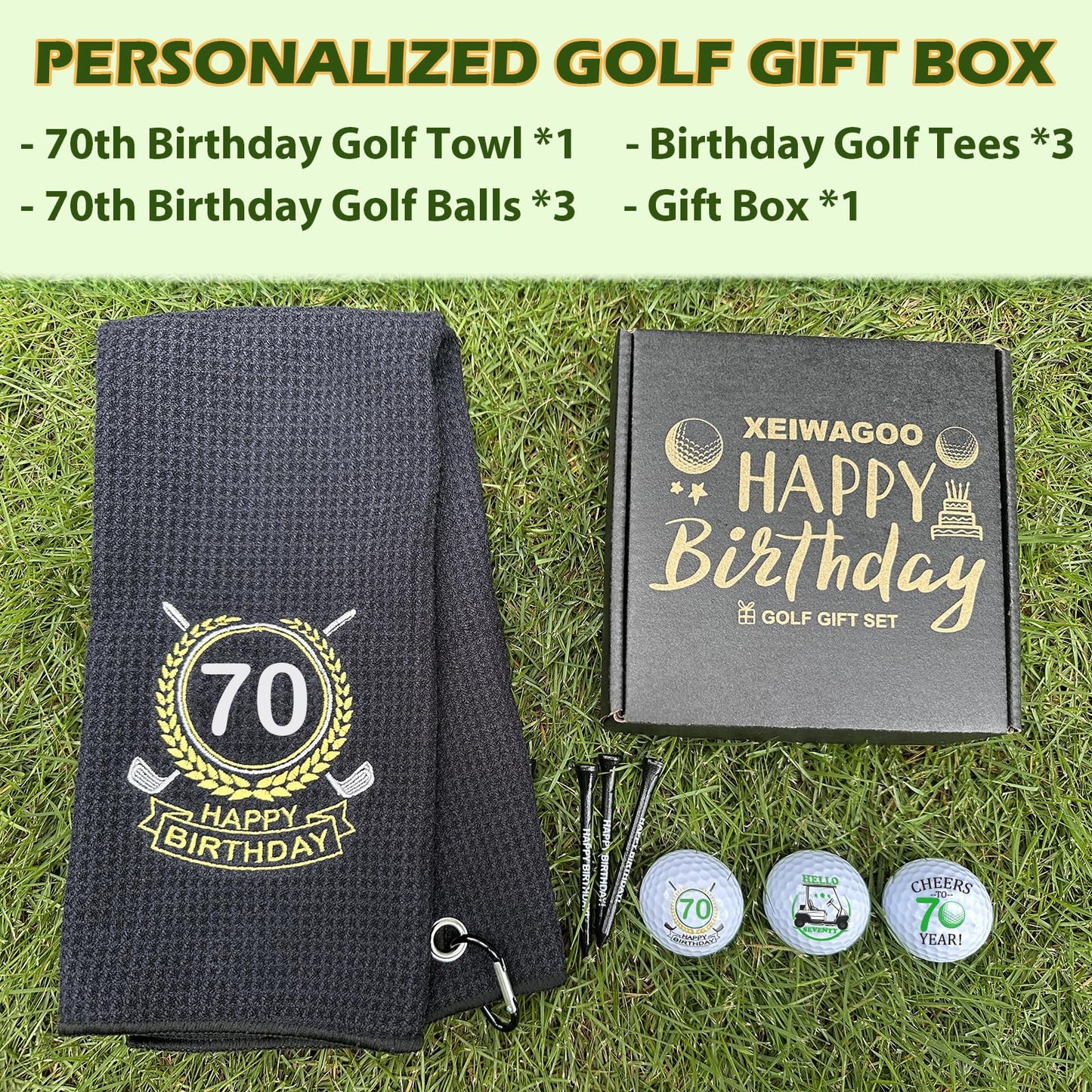 Xeiwagoo 70th Birthday Gifts for Men,3 Pack Personalized Happy Birthday Golf Balls, Absorbent Towel & 3 Tees, Unique Golf Gift Set for Men, Golfers, Dad, Mom, Grandpa, Grandma, Husband-70th