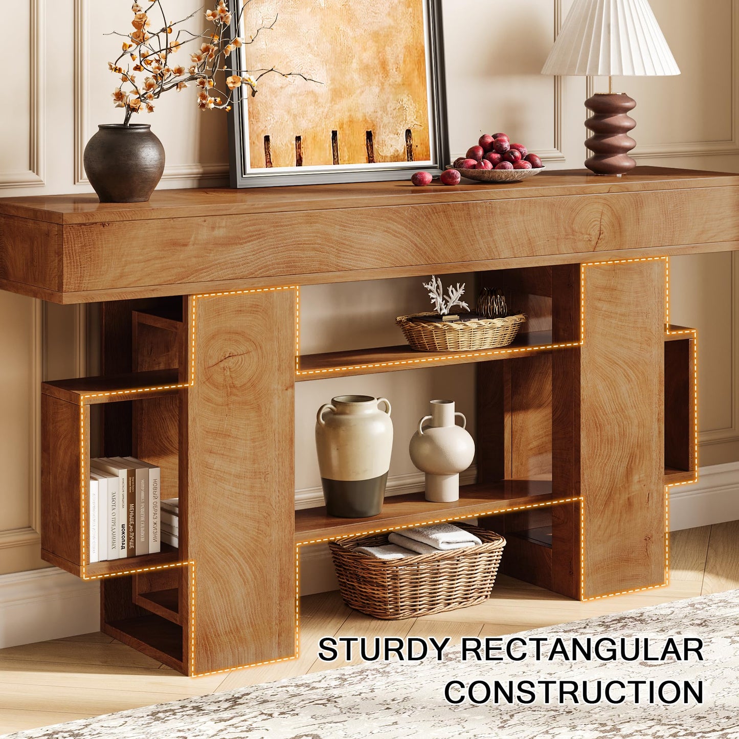 Einhomn 63 Inch Console Table with Storage, Looped Frame 3-Tire Wooden Sofa Table Behind The Couch, Farmhouse Entry Foyer Table for Entryway, Living Room, Hallway, Natural