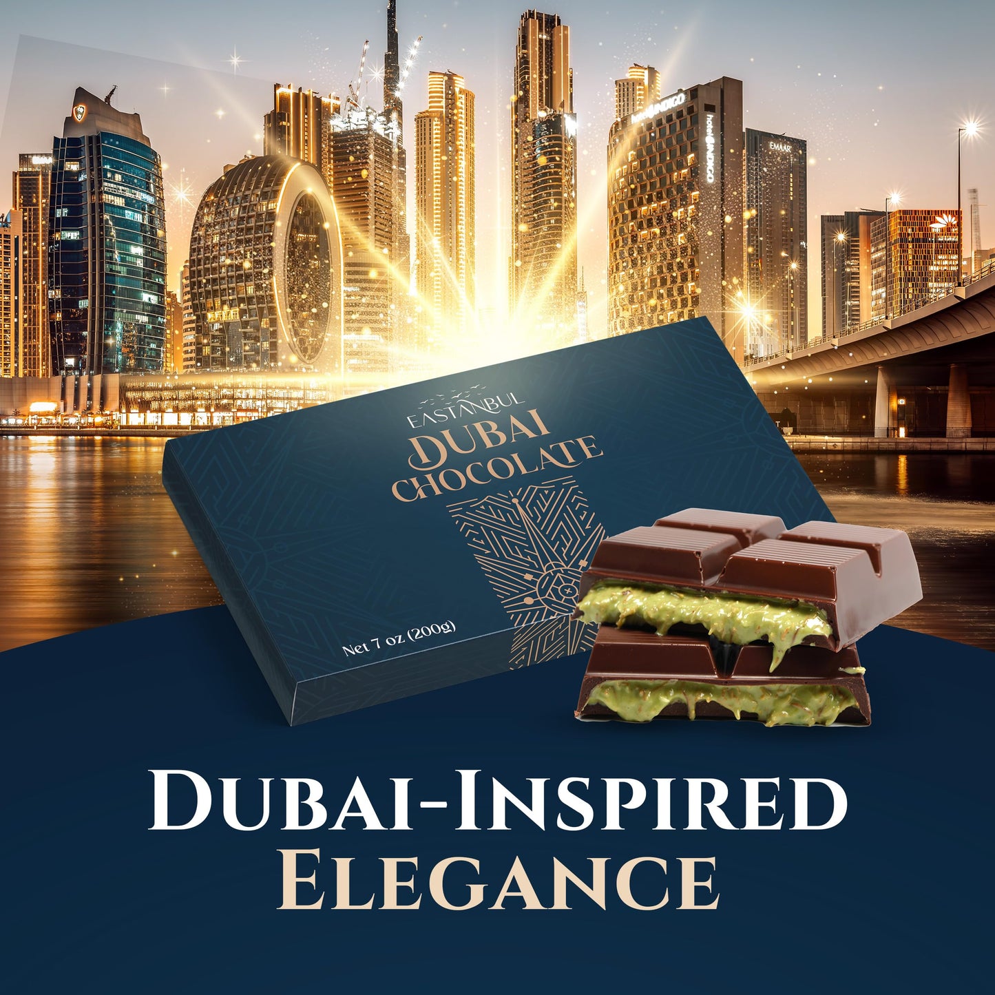 Eastanbul Dubai Dark Chocolate Bar Pistachio, 7oz, Premium Belgium Chocolate, Pistachio Dubai Bar, Viral Candy with Shredded Phyllo Dough, Knafeh, Gift Box