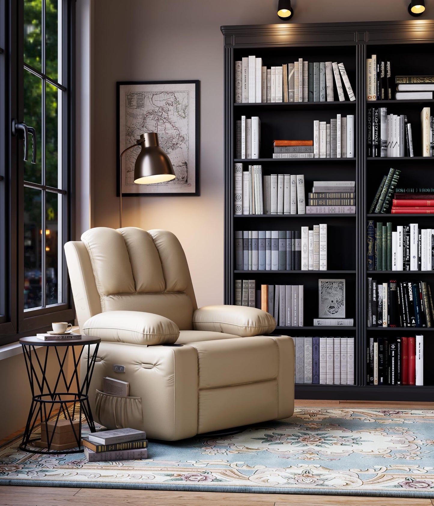 Patikuin Oversized Electric Recliner Chair for Living Room – PU Leather Swivel Rocker with Heat & Massage, 360° Rotating Base, Wide Seat, USB Port, Cup Holders, Side Pocket – Beige