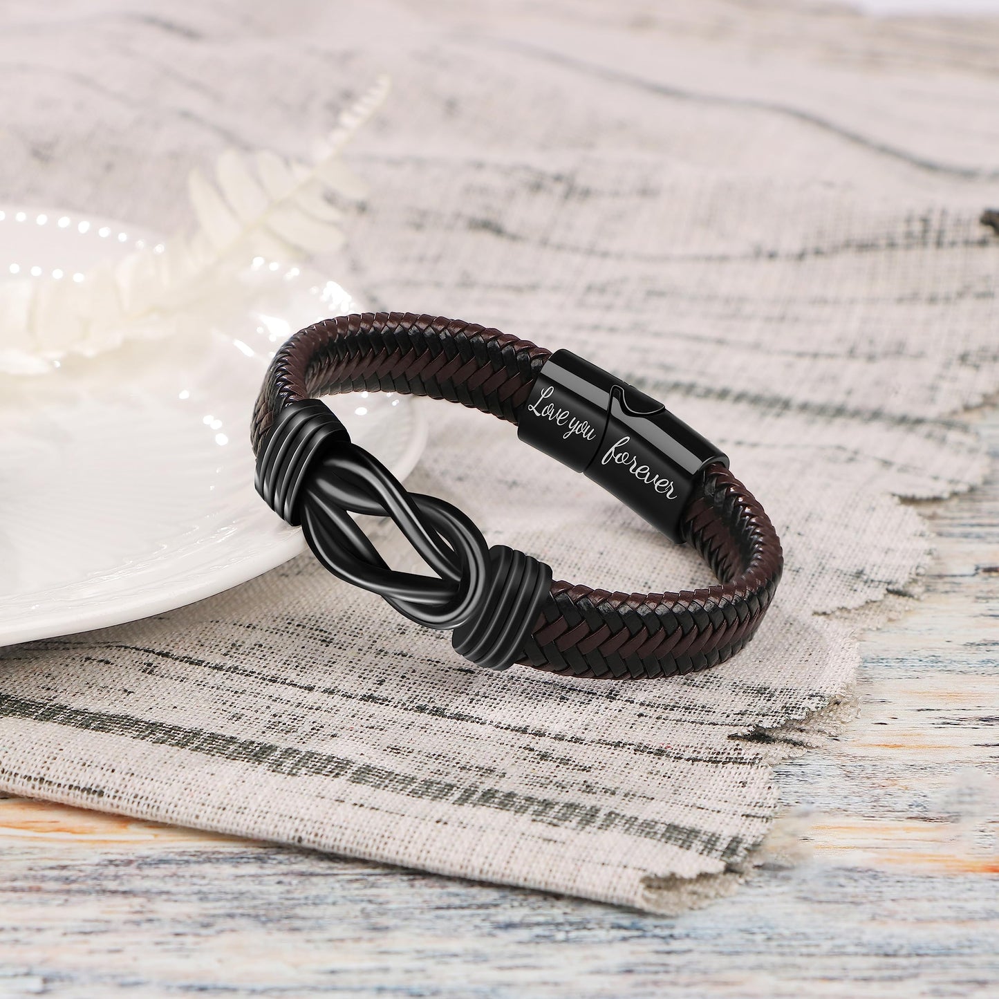 JoycuFF Gifts for Boyfriend Leather Bracelet for Men Anniversary Birthday Christmas Valentines Gifts for Him Boyfriend from Girlfriend to My Boyfriend Bracelet Forever Linked Together 7.5 Inch