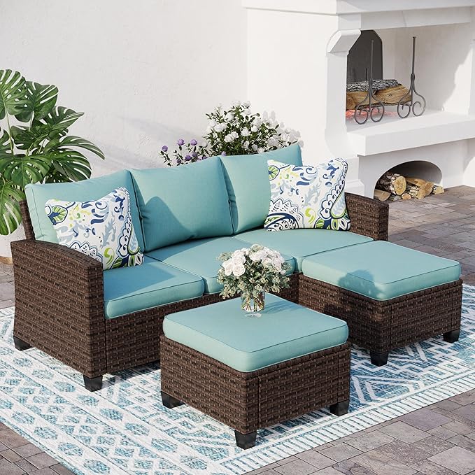 SUNSHINE VALLEY L-Shaped Outdoor Furniture Set, 5-Seat Couch With 2 Ottomans, Durable Rattan Sofa for Small Patios, Modular All-Weather Use, Blue