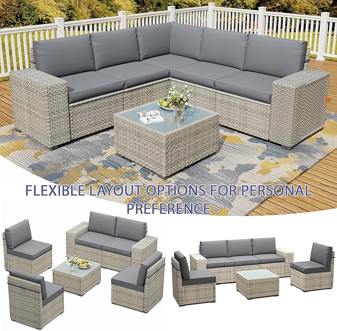 Broivira 6 Piece Patio Furniture Set, 9.8" Wide Arm Sectional Sofa with Storage Armrests, All-Weather Rattan Outdoor Conversation Set for Garden, Porch, Lawn, Backyard, Balcony, Grey