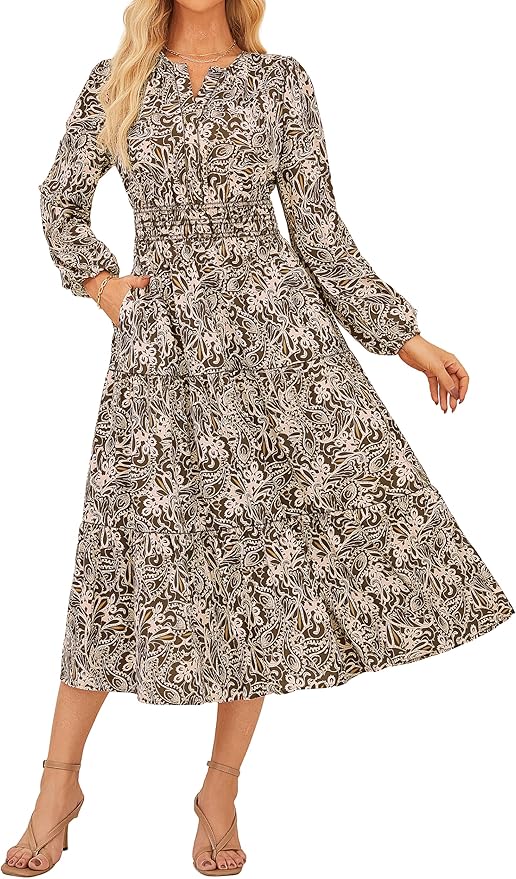 GRACE KARIN Womens Floral Maxi Dress 2026 Spring Wedding Guest Dress Long Sleeve V Neck Boho A Line Flowy Dresses with Pocket