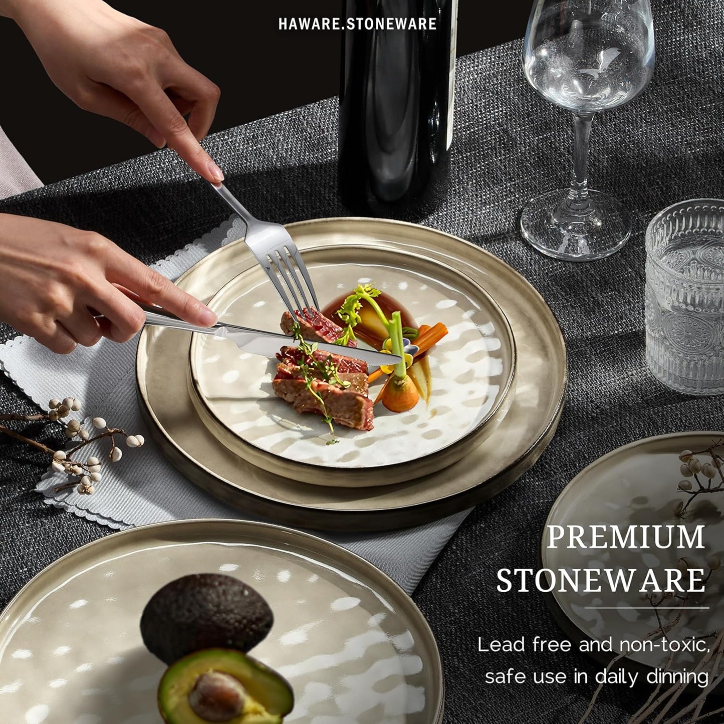 HaWare Dinnerware Sets, 18-Piece Plates and Bowls Set, Stoneware Dish Set for 6, Ceramic Dinnerware for Home Restaurant, Chip and Scratch Resistant, Microwave and Dishwasher Safe, Saturn Khaki