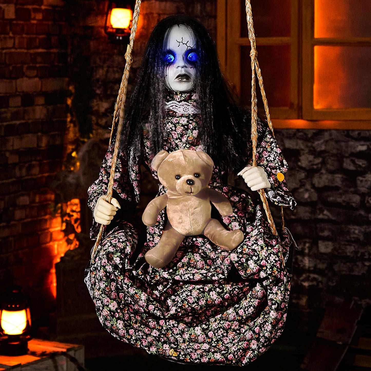 Halloween Animatronics Hanging Swinging Doll Floating Decorations with Sound & Sensor Activated, Creepy Sound, Light Up Eyes, Scary Move, Haunted House Decor Spooky Holiday Prop for Indoor, Outdoor