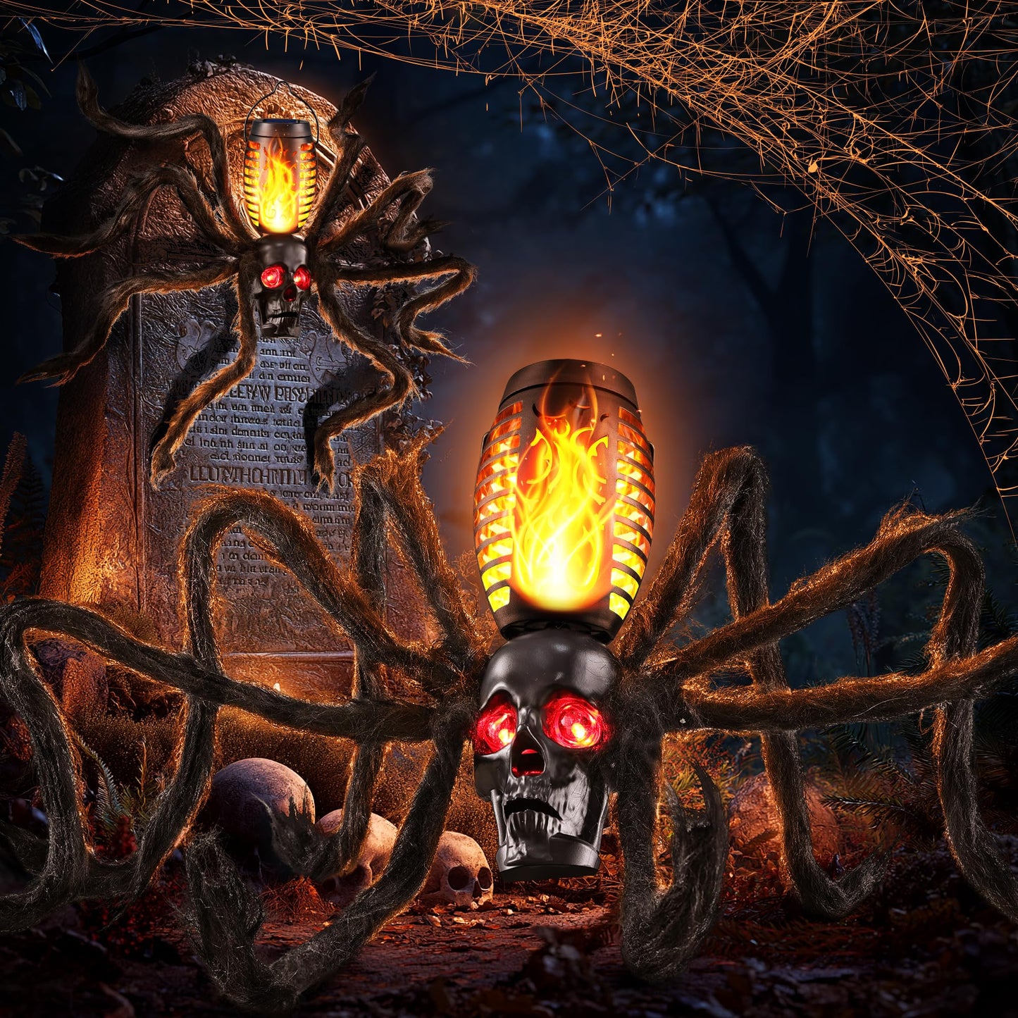 Halloween Skull Flame Light with 8 Spider Tentacles - Spooky Indoor/Outdoor Decoration for Halloween Parties, Gardens, and Haunted Displays (Orange, 2 Pack)
