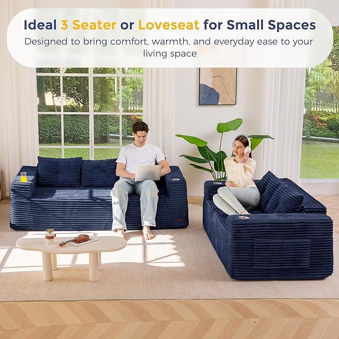 MAXYOYO 79" Oversized Boneless Loveseat Sofa Couch for Small Spaces, Mini Love Seat Floor Couch with Cup Holders and Pillows, 3-Seater Upholstered Cloud Couch for Bedroom, No Assembly Required