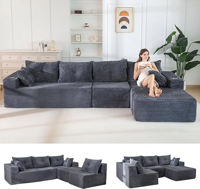 MAXYOYO 132" Oversize Modular Sectional Couch with L-Shape Chaise, Modern Boneless Couch for Living Room, Sofa in A Box, Oversized Sofa Sleeper with Deep Seat, No Assembly Required, Dark Grey
