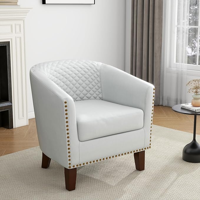 UIXE Faux Leather Barrel Accent Chair Modern Club Arm Chair, Comfy Upholstered Armchair Nailhead Trim Living Room Single Sofa Reading Seat Bedroom Side Sitting for Office Home, White