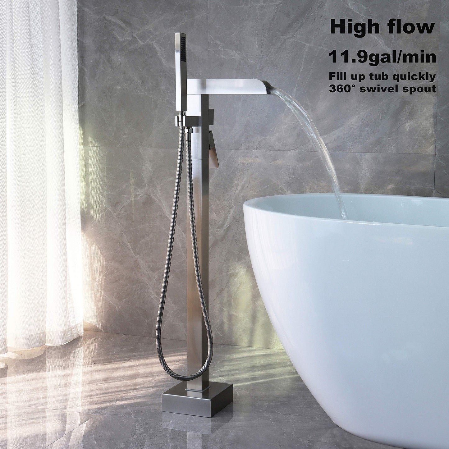 High Flow Freestanding Bathtub Faucet Waterfall Tub Filler Brushed Nickel LLGG 11.9GAL Floor Mount Bathroom Faucets Fillers with Handheld Shower Sprayer RIGOBAL