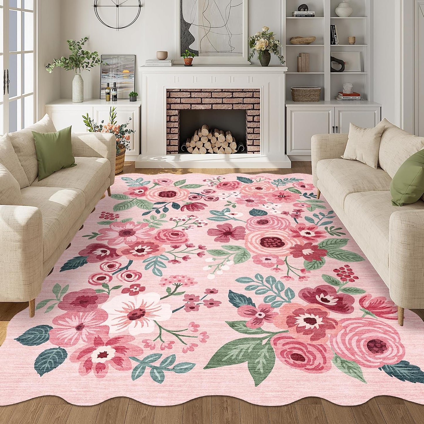DUKINO 6x9 Area Rug, Floral Washable Rugs for Living Room with Non Slip Backing & Non-Shedding, Lightwight Low Pile Boho Design Large Carpets for Bedroom, Living Room, Dining Room, Pink