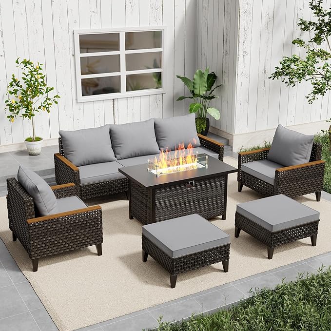 Xmkmvk 8 Piece Patio Sectional Sofa Set with 50000 BTU Fire Pit Table, All-Weather Wicker Rattan Outdoor Conversation Set, High Back, for Garden, Porch, Poolside, Gray