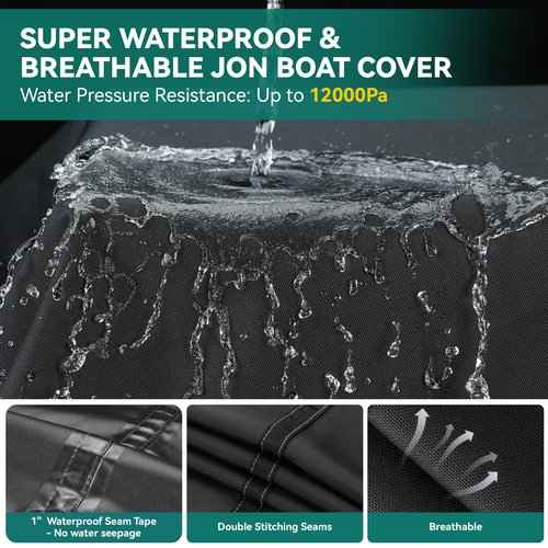 1200D 5-Layer Jon Boat Cover 16-18ft with Motor Cover | Super Waterproof (2-Layer PU, 1" Seam Tape) | UV Resistant, 11+4 Windproof Straps | Mooring/Trailerable