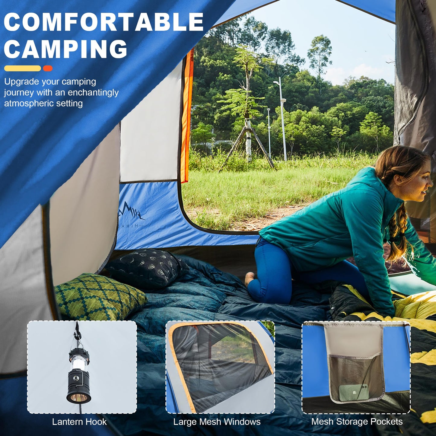 GoHimal SUV Tent for Camping, Waterproof PU3000mm Spacious Double Layer Design for 5-8 Person, Includes Rainfly and Storage Bag, 8FT L x 8FT W x 7.2FT H Blue