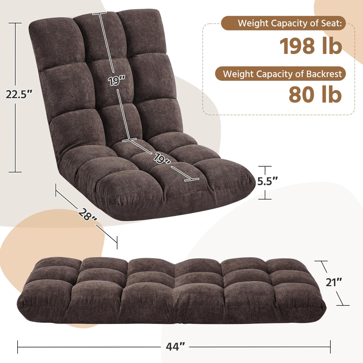 Yaheetech Floor Folding Chair with Back Support, Padded Folding Gaming Sofa Chair with 14 Adjustable Backrest, Adults Couch Recliner, Floor Seating Lounge Chair, Armless Meditation Chair, Brown