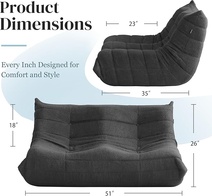 Bean Bag Chair, Loveseat Fireside Chair Bean Bag Sofa for Adults, 2 Seater Bean Bag Chairs for Teens with High-Resilience Foam, Memory Foam Bean Bag for Living Room, Bedroom, Office (Teddy, Dark Gray)