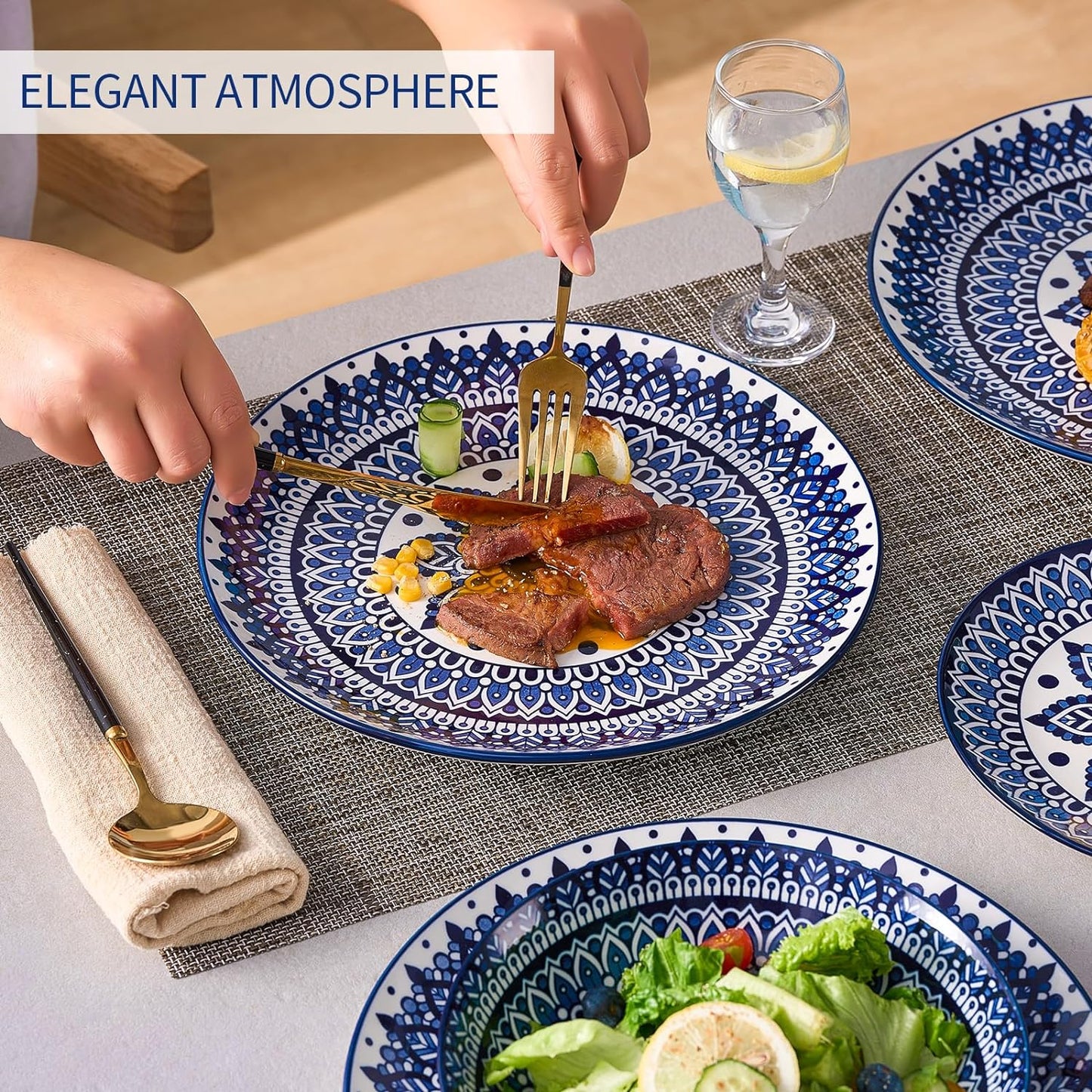 Bestone Porcelain Dinnerware Sets Service for 4, 12 pcs Hand drawn Plates and Bowls Sets, Handmade Ceramic Dish Set, Chip Resistant Modern Plate Set, Dishwasher/Microwave Safe，Vintage Blue
