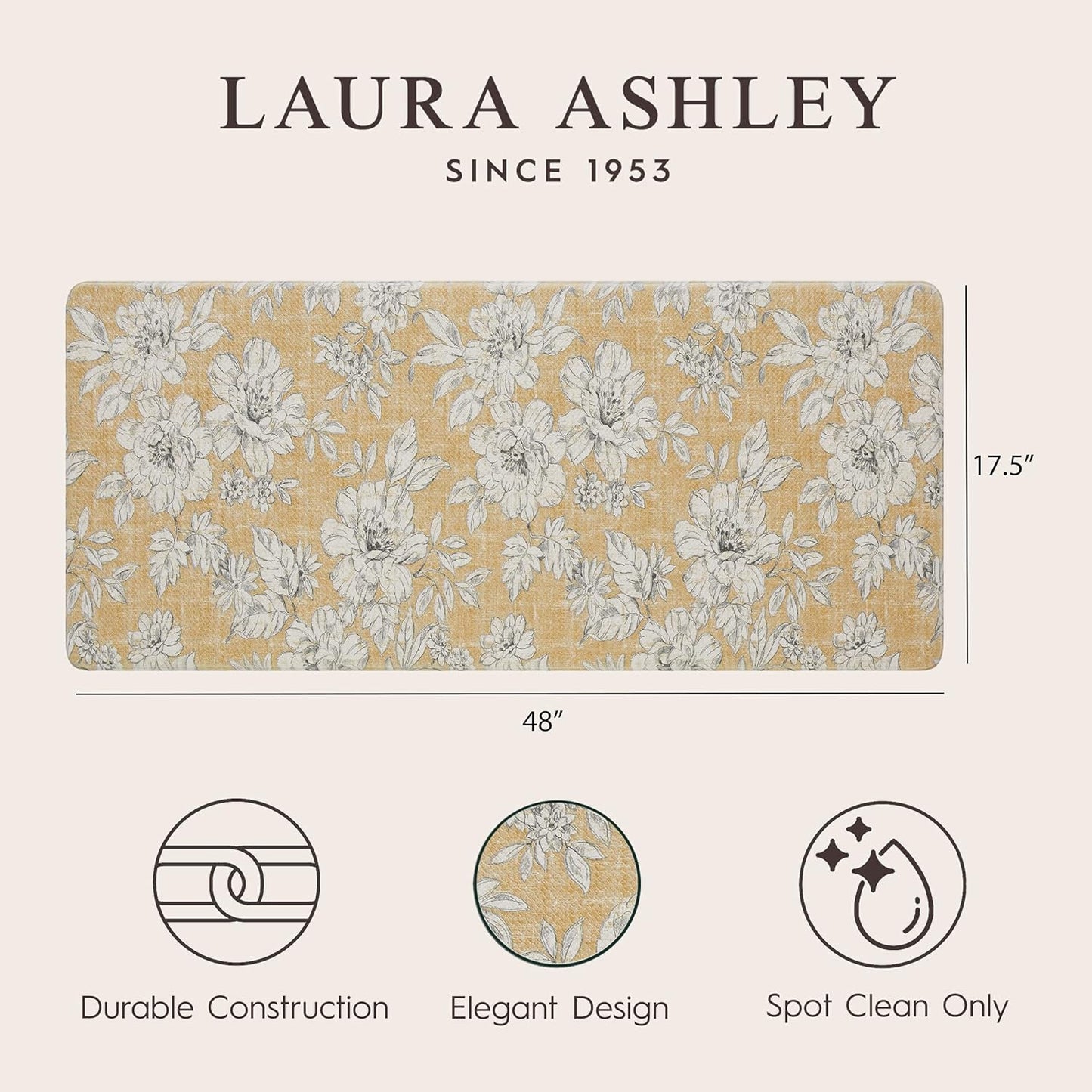 Laura Ashley - Anti-Fatigue Kitchen Mat, Iris Floral Design, Stain, Water & Fade Resistant, Cooking & Standing Relief, Non-Slip Backing, Measures 17.5" x 48", Tawny Yellow Iris