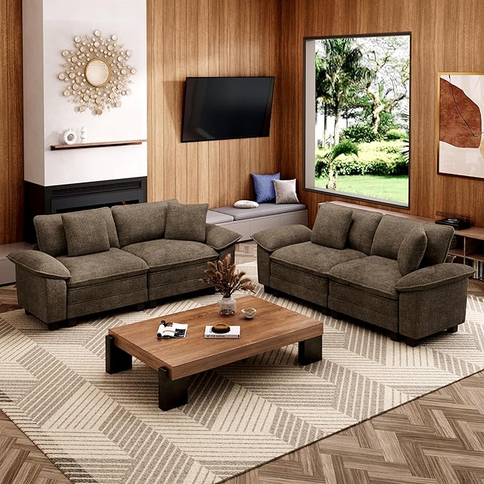 MIXPATIO L-Shaped Cloud Modular Sofa Set, 4-Piece Double Loveseat Sectional w/Deep Seat & Removable Arms, Plush Chenille for Living Room - Taupe