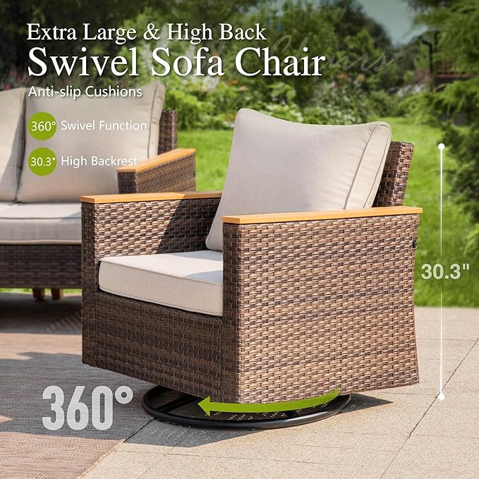 Sophia & William Patio Furniture Set with 56" Fire Pit Table & Swivel Chairs, 9 Piece Outdoor Sectional Furniture Wicker Modular Sofa Couch, Conversation Set for Deck Backyard Lawn, Beige