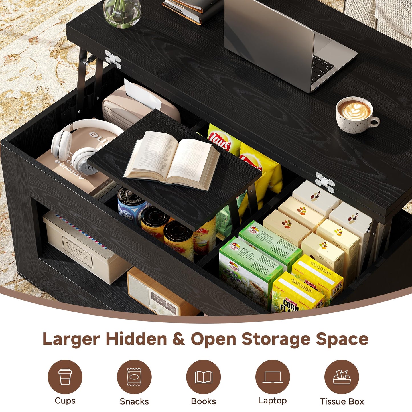 UNIQUITE 40" Lift Top Coffee Table, 4 in 1 Multi-Function Lift Coffee Tables with Storage and Hidden Compartment, Convertible Coffee Table to Dining Table for Living Room, Black