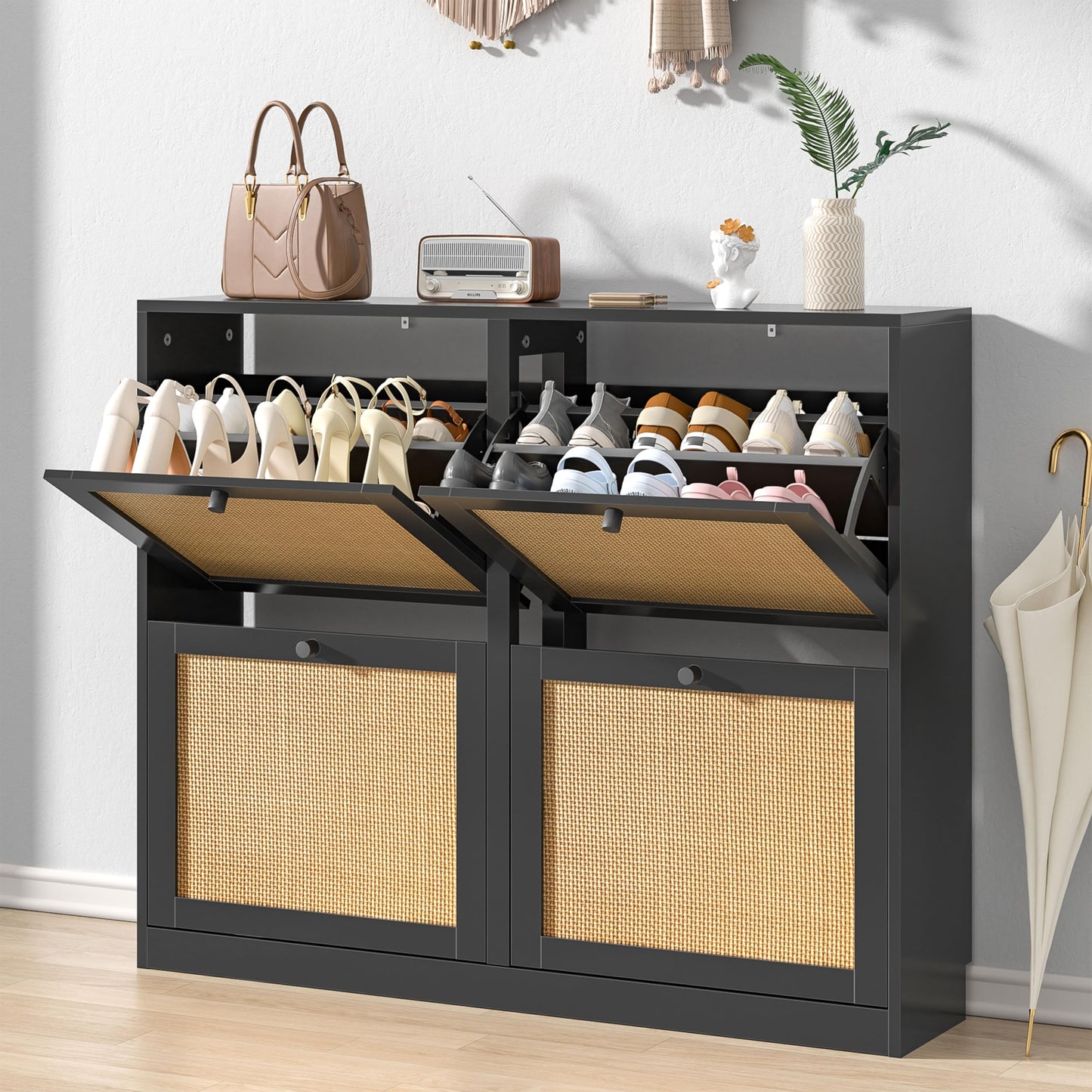Skokliz Rattan Shoe Storage Cabinet with 4 Flip Drawers, Freestanding Hidden Shoe Cabinet Organizer with Adjustable Shelf, Narrow Shoe Cabinet for Entryway Hallway Living Room