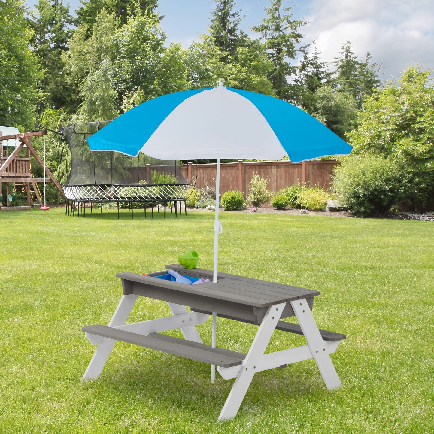 3 in 1Outdoor Wooden Picnic Table with Umbrella, Convertible Sand Wate, Gray CPSIA Certification