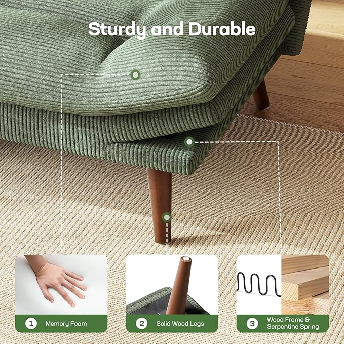 Marsail Futon Sofa Bed, 75” Futon Couch with Adjustable Backrest & Armrests, Convertible Small Sleeper Sofa Bed for Small Apartments, Study Room, Office, Corduroy Loveseat, Green