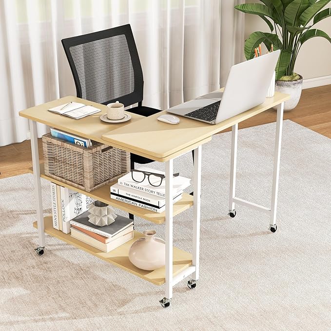 Giantex 360° Free Rotating Sofa Side Table, Mobile L-Shaped Laptop Desk with Sturdy Metal Frame, 6 Universal Casters, Movable Couch Snack Table with 2-Tier Storage Shelf for Home (Natural Maple)