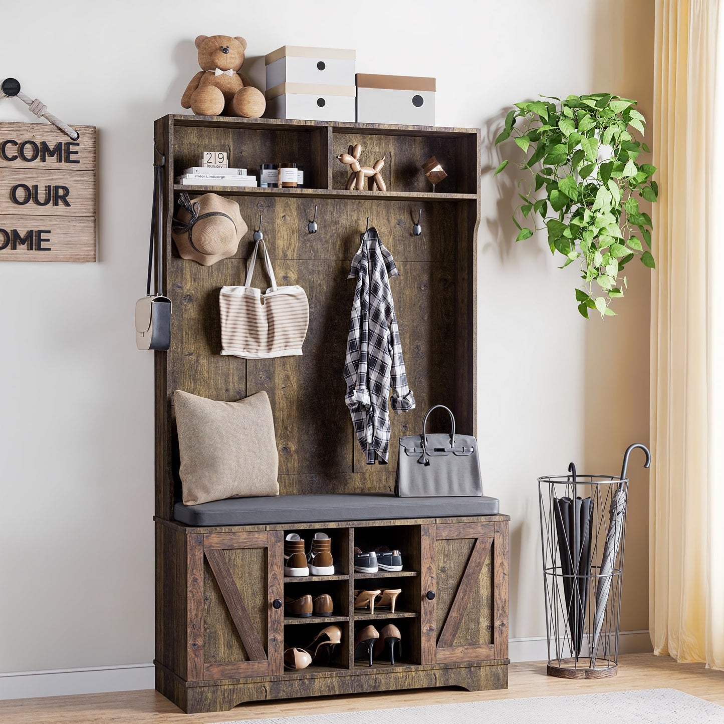 spanspace 71" Hall Tree with Bench and Shoe Storage, Entryway Hall Tree with 2 Doors and 6 Adjustable Shelves, Cushioned Mudroom Storage Bench with Coat Rack for Hallway and Living Room