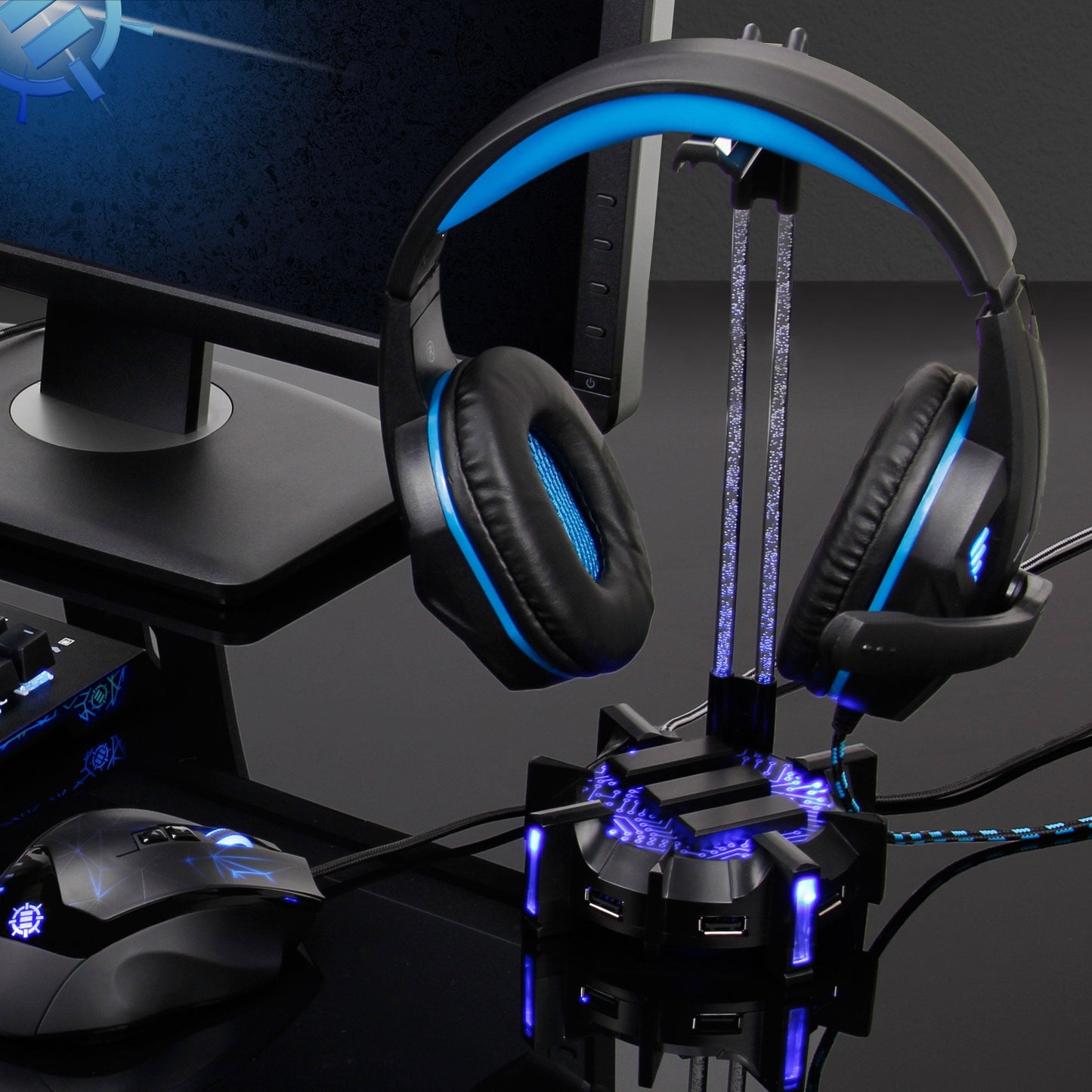 Enhance Gaming Headphone Stand Headset Holder With 4 Port Usb Hub, Customizable Led Lighting, Flexible Acrylic Neck - Universal
