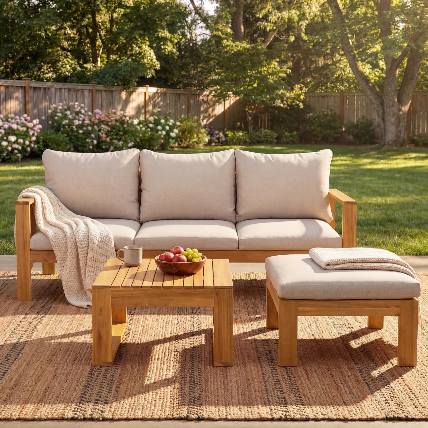 Christopher Knight Home Kayahs 3 Pieces Acacia Wood Furniture Set, Patio Conversation Sofa with Coffee Table and Ottoman, Outdoor 3-Seater Sofa Set for Backyard Balcony Gardern, Teak Finish+Beige