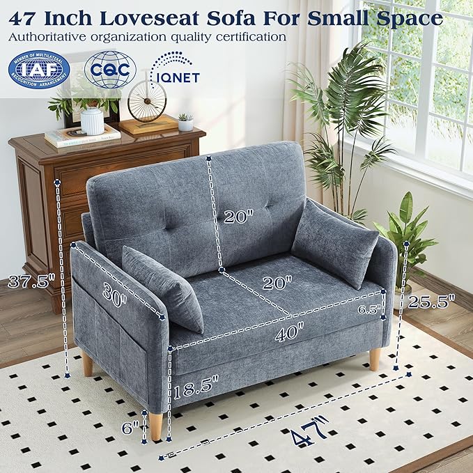 Hanherry Loveseat Sofa, 47” Small Couch for Living Room, Comfy Chenille Fabric Love Seat for Bedroom with Throw Pillow,Removable Cushion Cover,Couches for Small Space,Apartment,Dorm