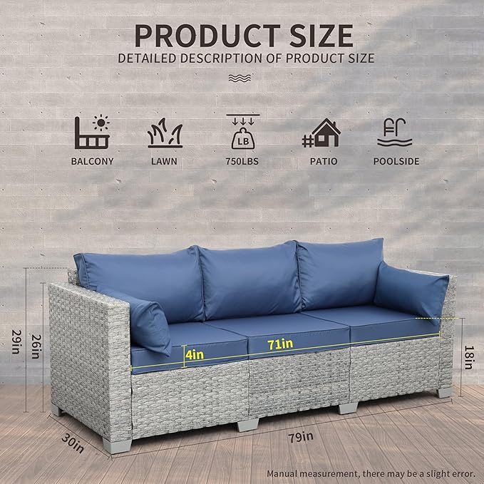 WAROOM Outdoor Couch 3 Seater Wicker Patio Sofa Grey Rattan Deep Seat Balcony Furniture Porch Seating with Navy Blue Cushion