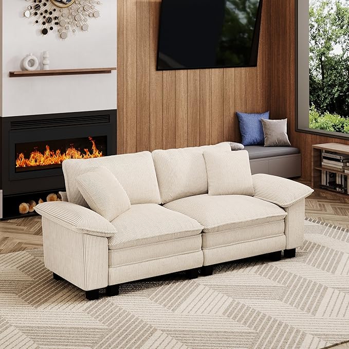 MIXPATIO 87" Cloud Modular Sectional Loveseat, 2-Seater w/Deep Seat & Removable Arms, Plush Corduroy for Small Living Room & Apartment - Beige