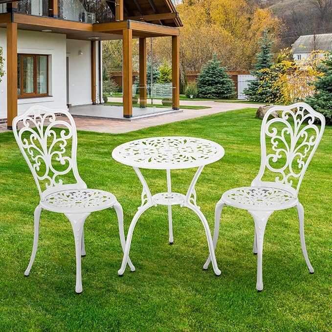 Withniture Patio Bistro Set 3 Piece Outdoor, All Weather Patio Furniture Bistro Table and Chairs Set of 2, Cast Alumium Bistro Table Set with Umbrella Hole for Garden Porch (Butterfly, White)