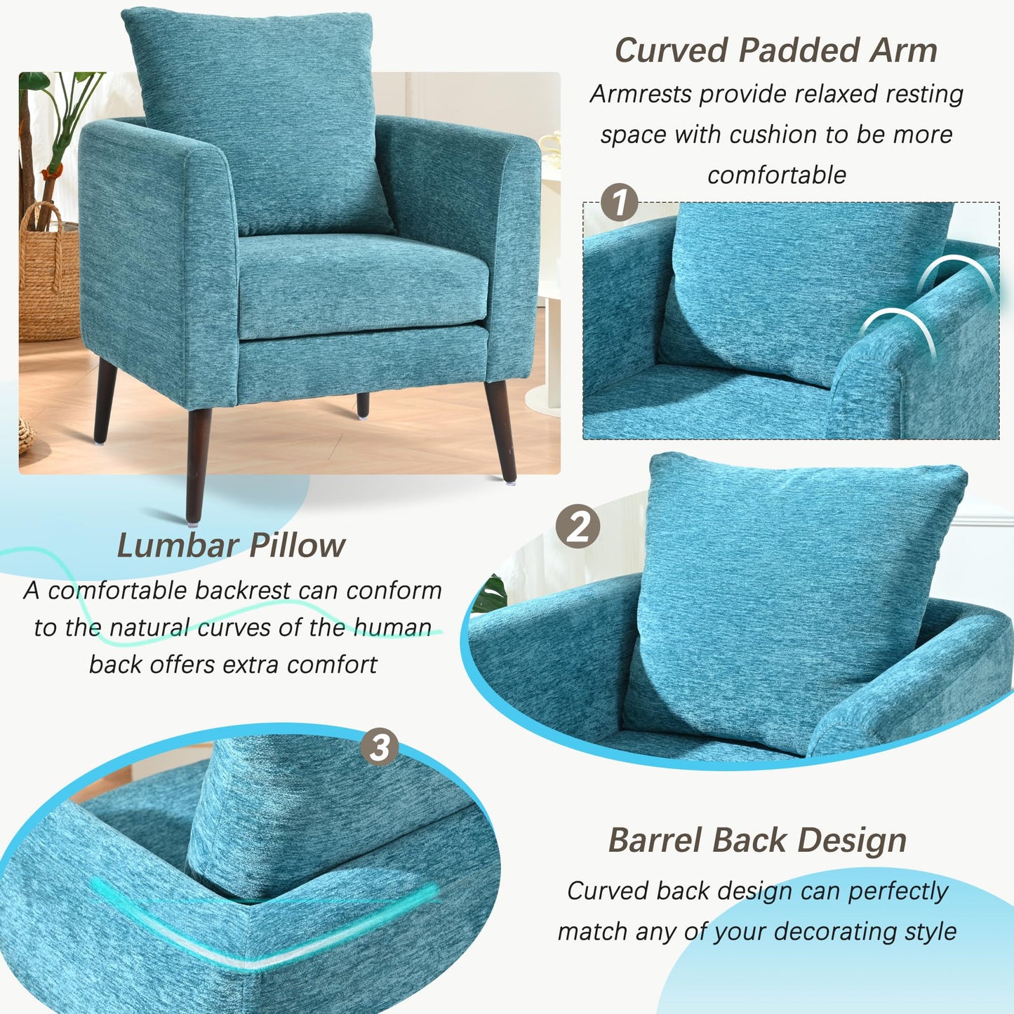 QKFF Barrel Accent Chair with Back Pillow, Large Upholstered Armchair with Solid Wood Legs Modern Reading Chairs for Living Room Bedroom