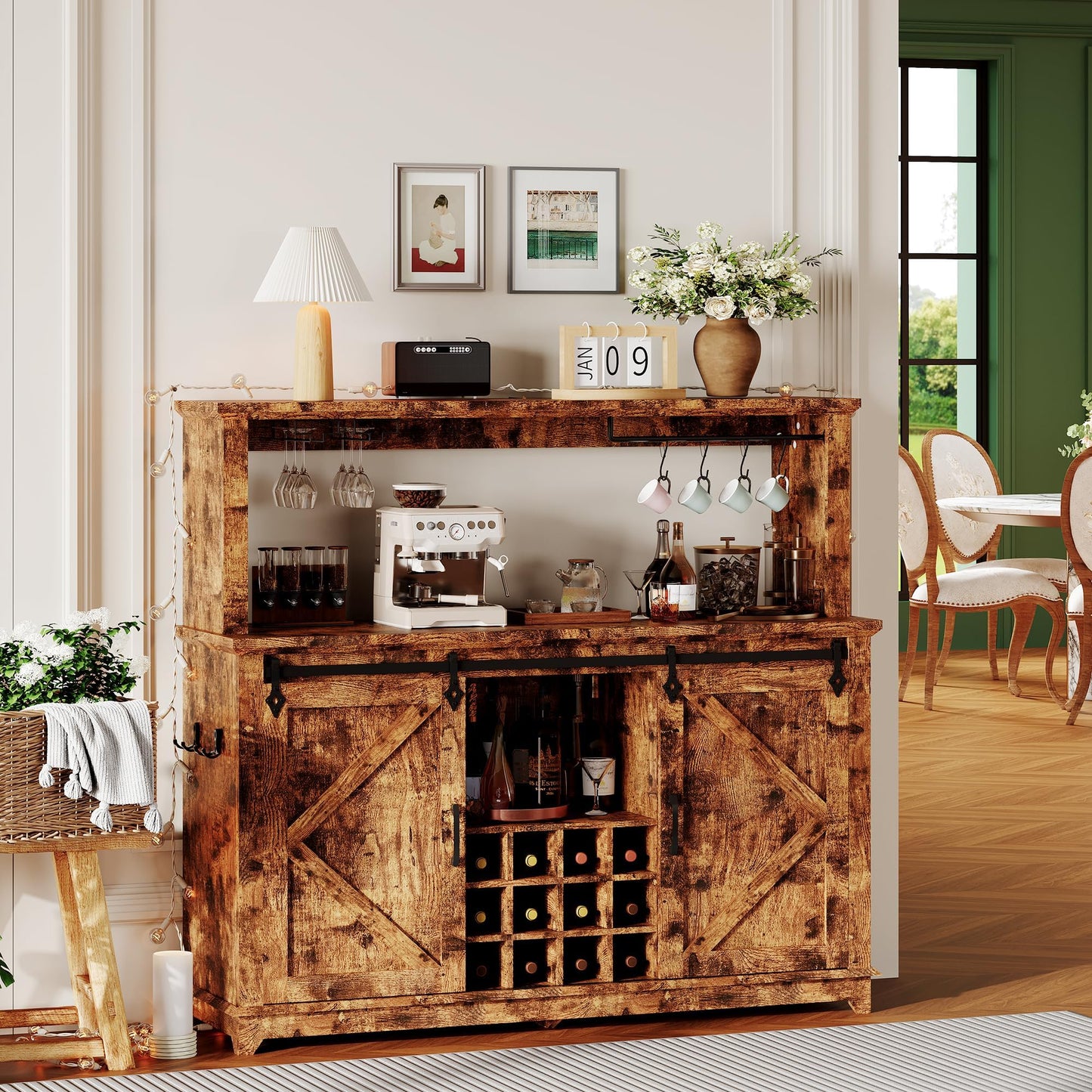 IDEALHOUSE 55" Farmhouse Coffee Bar Cabinet with Power Outlet & LED Light - Sliding Barn Door Buffet with Removable Wine Rack, 2-Tier Drawers, for Kitchen, Dining & Living Room, Brown