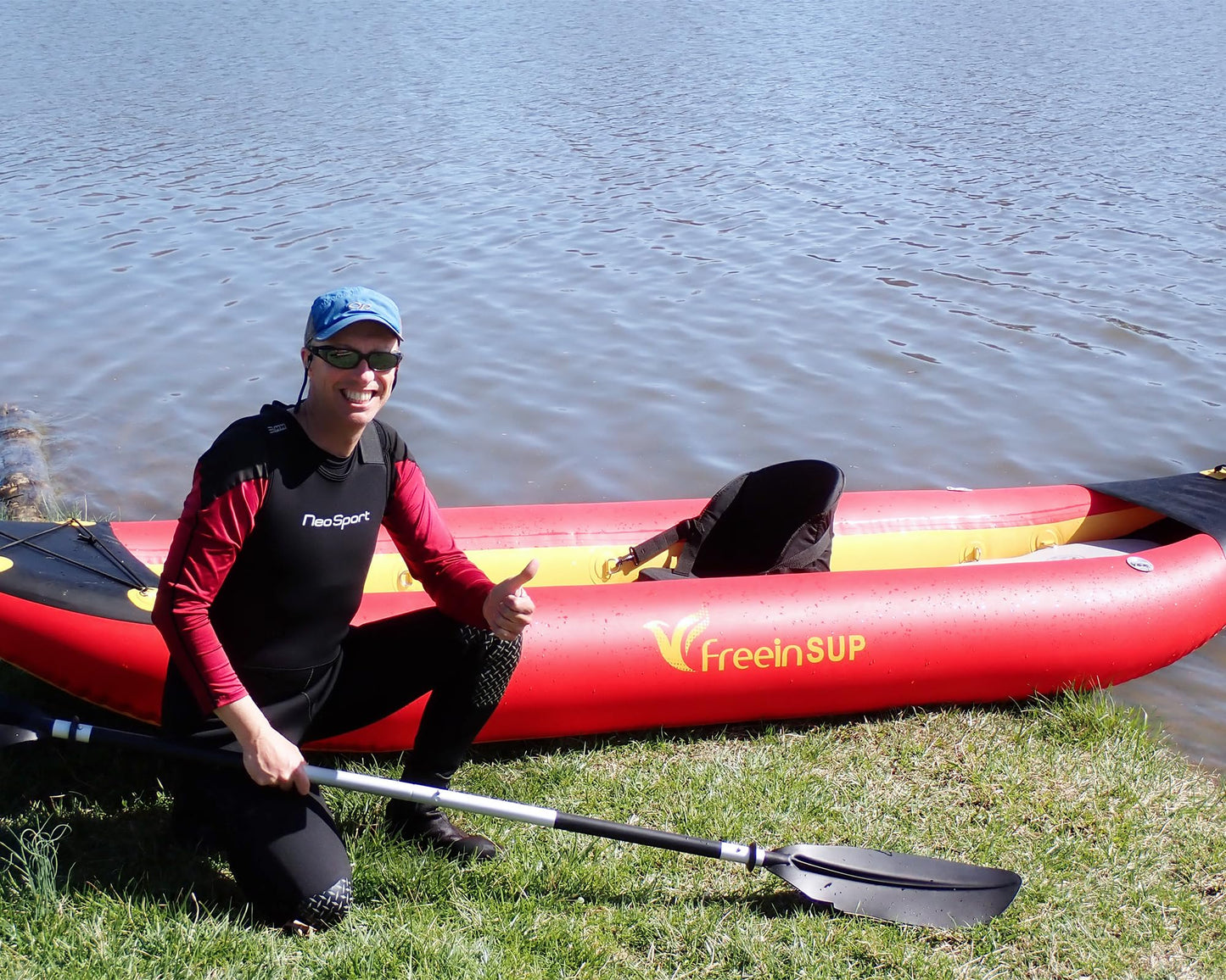 Freein 1-2 Person Professional Series Inflatable Kayak Set with Paddle, Seat, Fin, High-Output Air Pump, Carry Bag, 12'6" Emergency Sit-in Boat