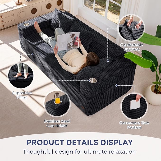 MAXYOYO 79" Oversized Boneless Loveseat Sofa Couch for Small Spaces, Mini Love Seat Floor Couch with Cup Holders and Pillows, 3-Seater Upholstered Cloud Couch for Bedroom, No Assembly Required